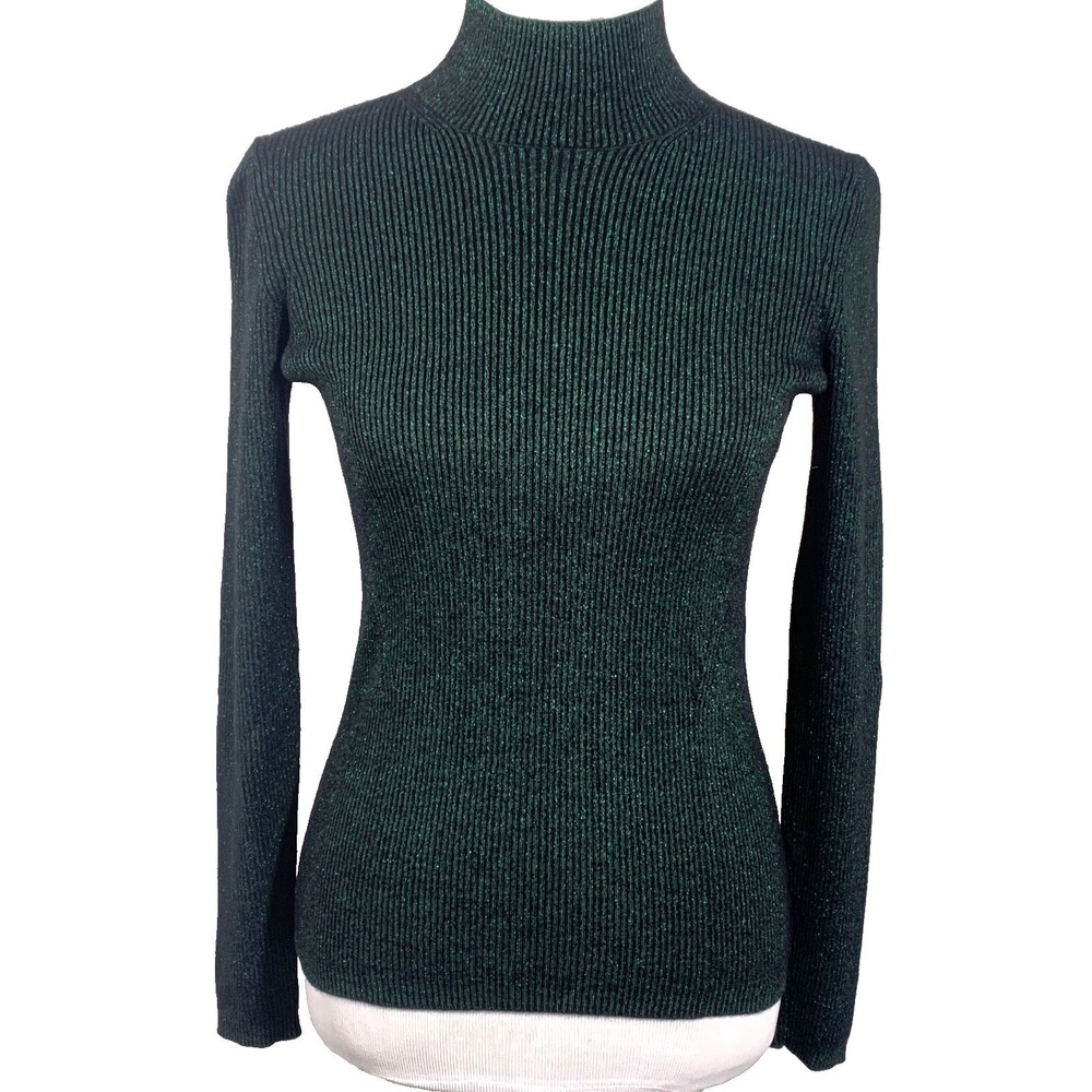 DIANE VON FURSTENBERG Metallic Green Merino Wool Blend Sweater Mock Neck Size M
